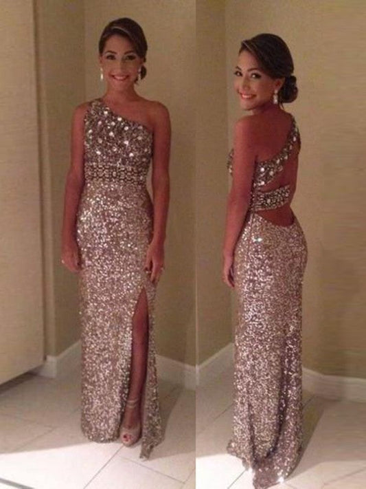 Sheath Sequins One-Shoulder Sleeveless Sweep/Brush Train With Sequin Prom Dress