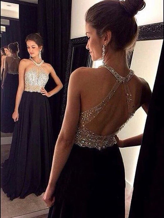 A-Line Chiffon Halter Sleeveless Sweep/Brush Train With Beading Prom Dress