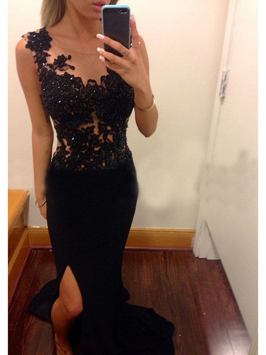 Sheath Chiffon Scoop Sleeveless Sweep/Brush Train With Applique Prom Dress