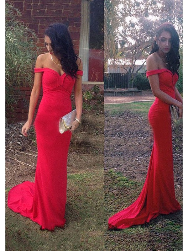 Sheath Jersey Off-the-Shoulder Sleeveless Sweep/Brush Train With Ruffles Prom Dress