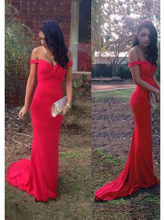 Sheath Jersey Off-the-Shoulder Sleeveless Sweep/Brush Train With Ruffles Prom Dress