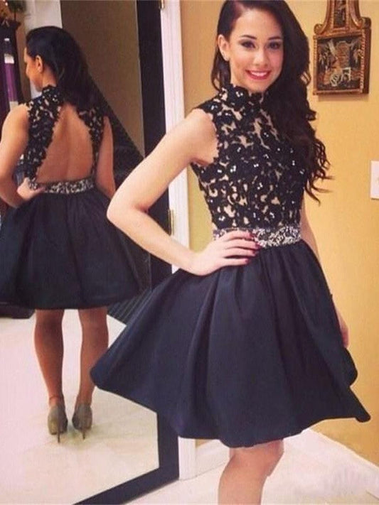 A-Line Satin High Neck Sleeveless Short/Mini With Lace Homecoming Dress