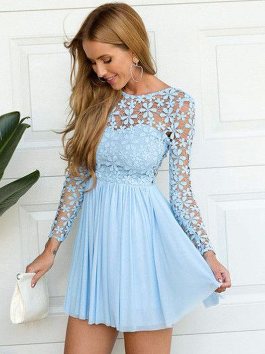 A-Line Chiffon Scoop Long Sleeves Short/Mini With Lace Homecoming Dress