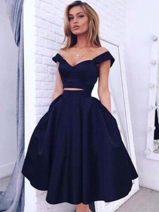 A-Line Satin Off-the-Shoulder Sleeveless Knee-Length With Ruffles Homecoming Dress