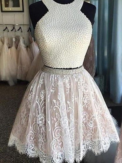 A-Line Lace Halter Sleeveless Short/Mini With Pearls Homecoming Dress