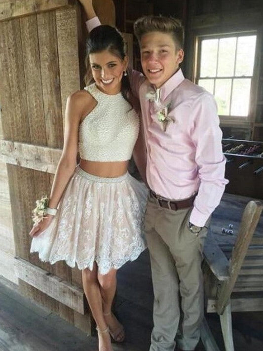 A-Line Lace Halter Sleeveless Short/Mini With Pearls Homecoming Dress
