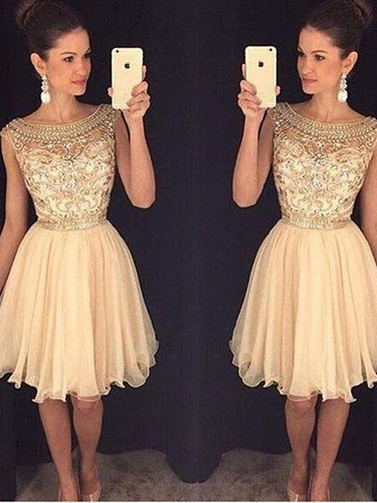 A-Line Chiffon Scoop Sleeveless Short/Mini With Beading Homecoming Dress