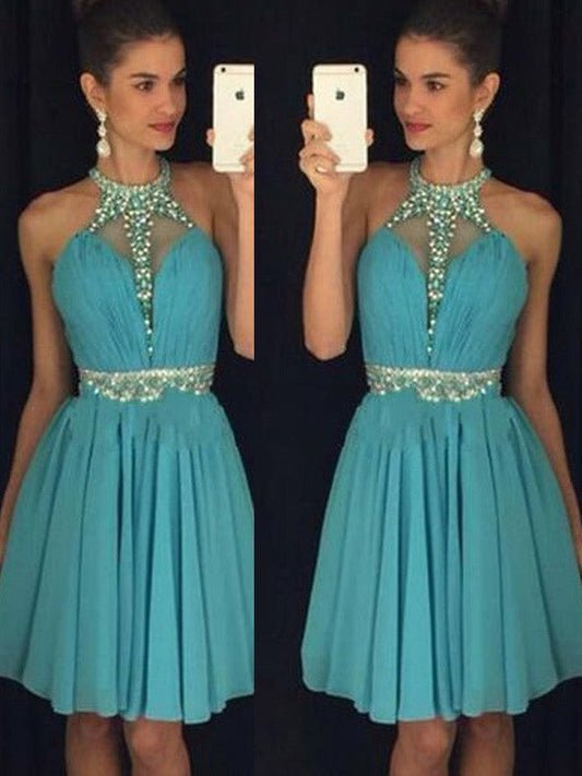 A-Line Chiffon Halter Sleeveless Short/Mini With Beading Homecoming Dress
