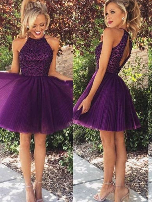 A-Line Tulle Halter Sleeveless Short/Mini With Beading Prom Dress