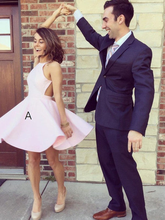 A-Line Satin Halter Sleeveless Short/Mini With Ruffles Homecoming Dress