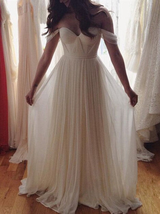 A-Line Chiffon Off-the-Shoulder Sleeveless Floor-Length With Beading Prom Dress