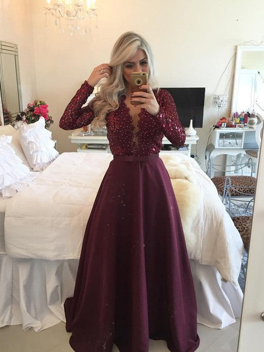 A-Line Satin Scoop Long Sleeves Floor-Length With Sequin Prom Dress