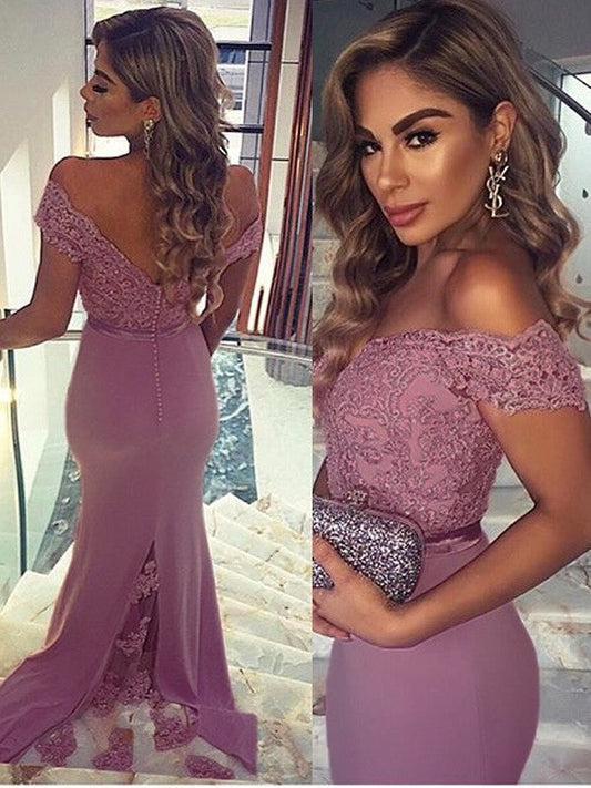 Sheath Elastic Woven Satin Off-the-Shoulder Sleeveless Floor-Length With Lace Prom Dress