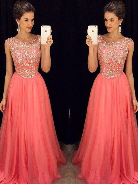 A-Line Chiffon Scoop Sleeveless Floor-Length With Beading Prom Dress