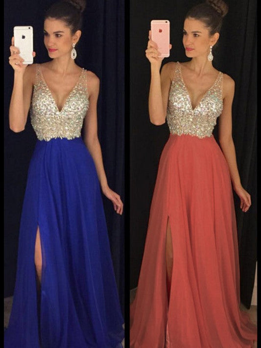 A-Line Chiffon V-neck Sleeveless Floor-Length With Beading Prom Dress