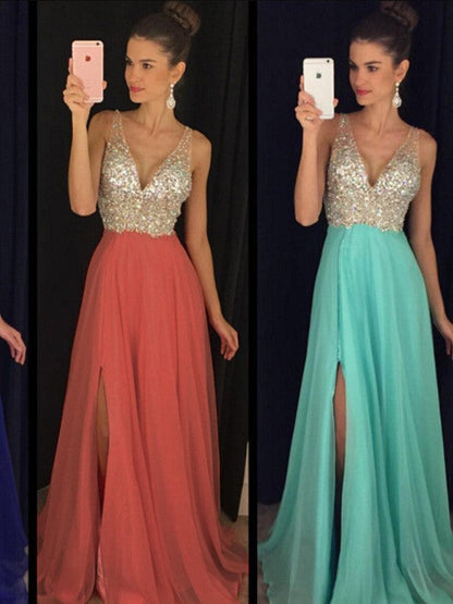 A-Line Chiffon V-neck Sleeveless Floor-Length With Beading Prom Dress