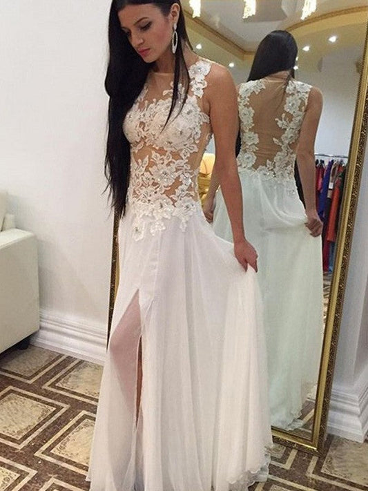 A-Line Chiffon Scoop Sleeveless Floor-Length With Applique Prom Dress