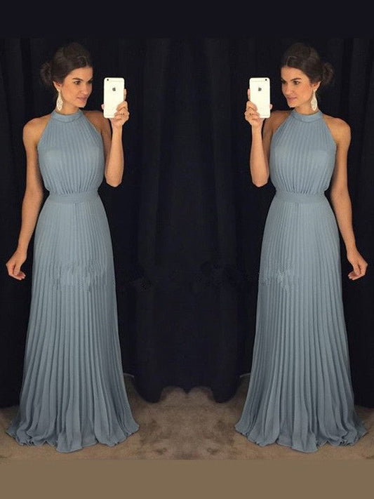 A-Line Chiffon High Neck Sleeveless Floor-Length With Pleats Prom Dress