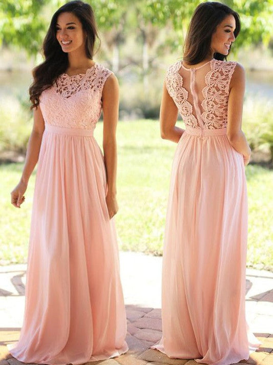 A-Line Chiffon Scoop Sleeveless Floor-Length With Applique Bridesmaid Dresses