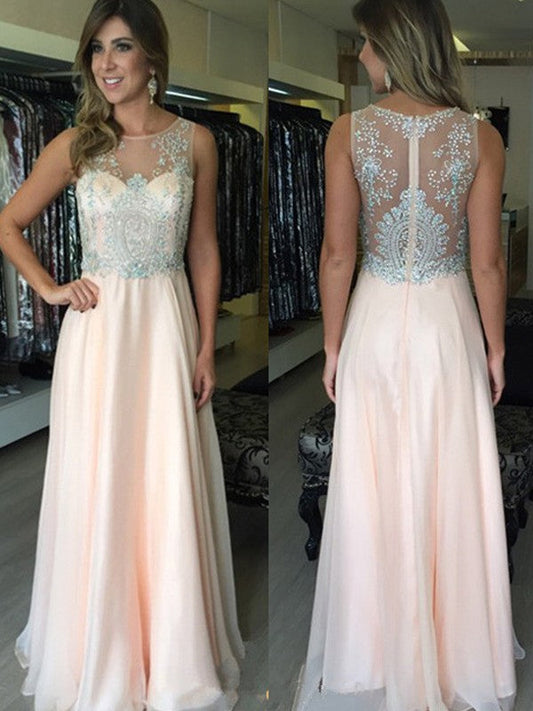 A-Line Chiffon Scoop Sleeveless Floor-Length With Beading Prom Dress