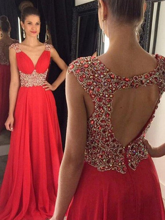 A-Line Chiffon V-neck Sleeveless Sweep/Brush Train With Beading Prom Dress