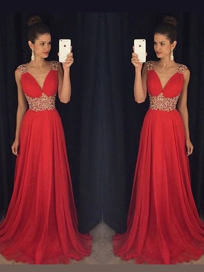 A-Line Chiffon V-neck Sleeveless Sweep/Brush Train With Beading Prom Dress