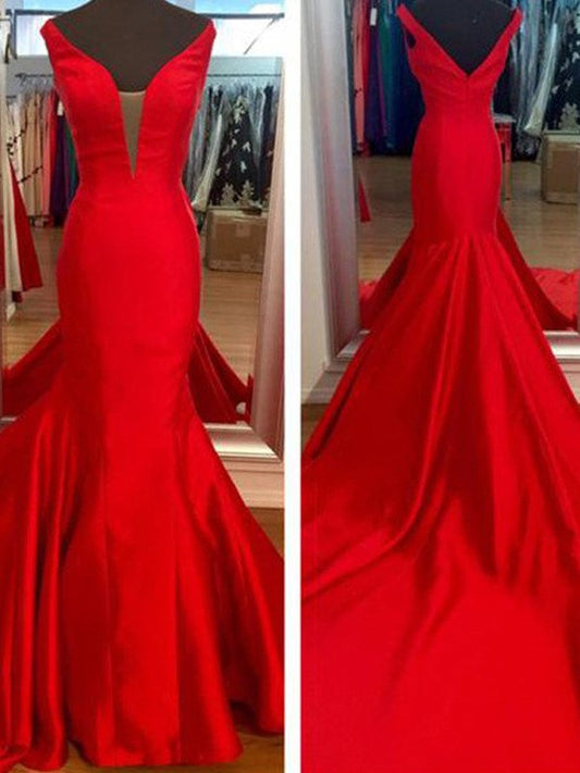 Mermaid Satin V-neck Sleeveless Sweep/Brush Train With Ruffles Prom Dress