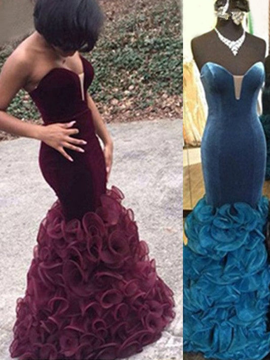 Mermaid Velvet Sweetheart Sleeveless Floor-Length With Ruffles Prom Dress