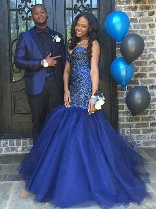 Mermaid Tulle Sweetheart Sleeveless Floor-Length With Beading Prom Dress