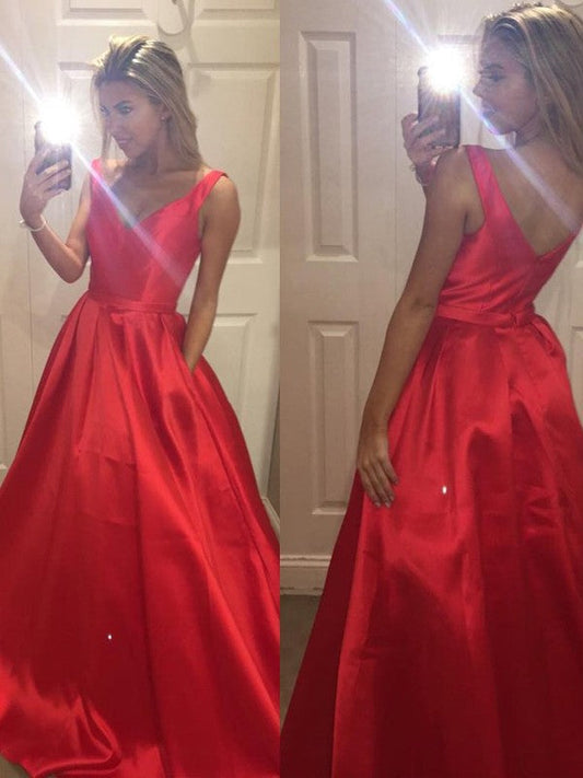 A-Line Satin V-neck Sleeveless Sweep/Brush Train With Ruffles Prom Dress