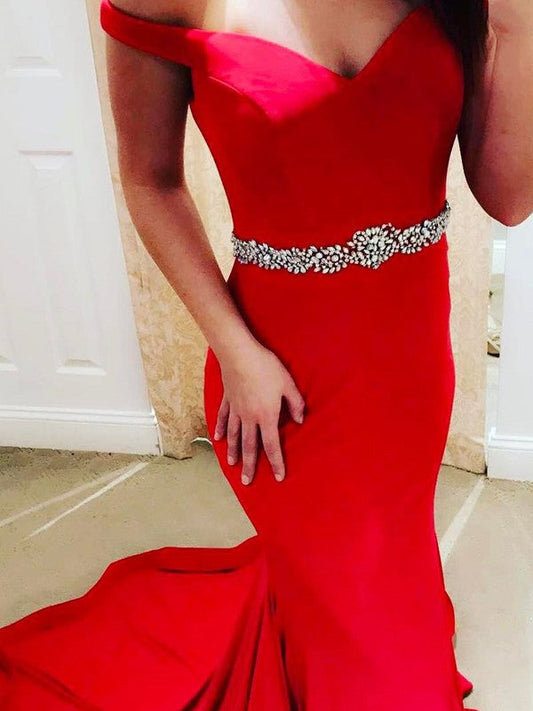 Mermaid Stretch Crepe Off-the-Shoulder Sleeveless Court Train With Beading Prom Dress