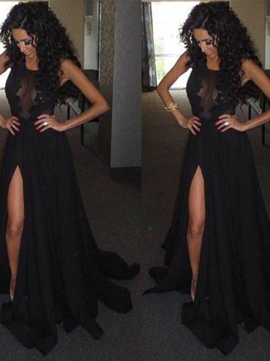 A-Line Chiffon Scoop Sleeveless Sweep/Brush Train With Lace Prom Dress