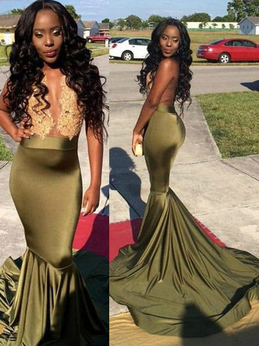 Mermaid Satin Scoop Sleeveless Sweep/Brush Train With Lace Prom Dress