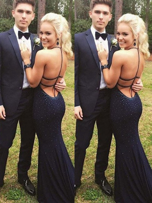 Sheath Jersey Halter Sleeveless Sweep/Brush Train With Beading Prom Dress