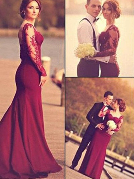 Mermaid Stretch Crepe Sweetheart Long Sleeves Sweep/Brush Train With Applique Prom Dress