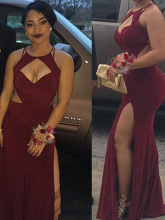 Sheath Jersey Halter Sleeveless Floor-Length With Ruffles Prom Dress