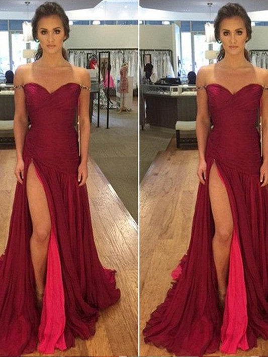 A-Line Chiffon Off-the-Shoulder Sleeveless Sweep/Brush Train With Ruffles Prom Dress