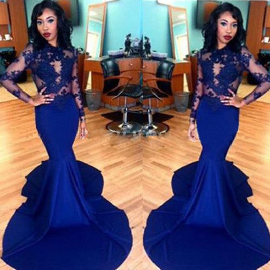 Mermaid Elastic Woven Satin Scoop Long Sleeves Sweep/Brush Train With Lace Prom Dress
