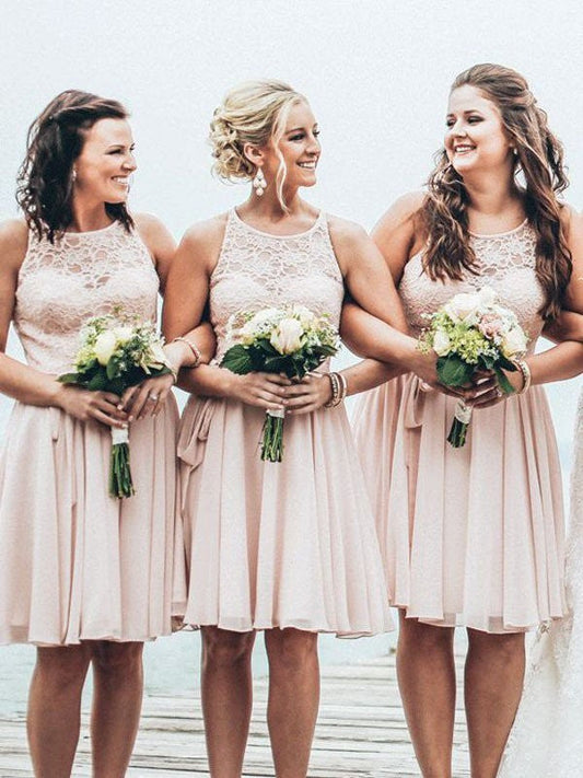 A-Line Chiffon Scoop Sleeveless Short/Mini With Lace Bridesmaid Dresses