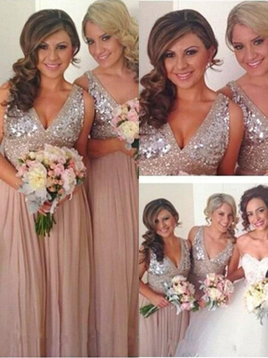 A-Line Chiffon V-neck Sleeveless Floor-Length With Sequin Bridesmaid Dresses