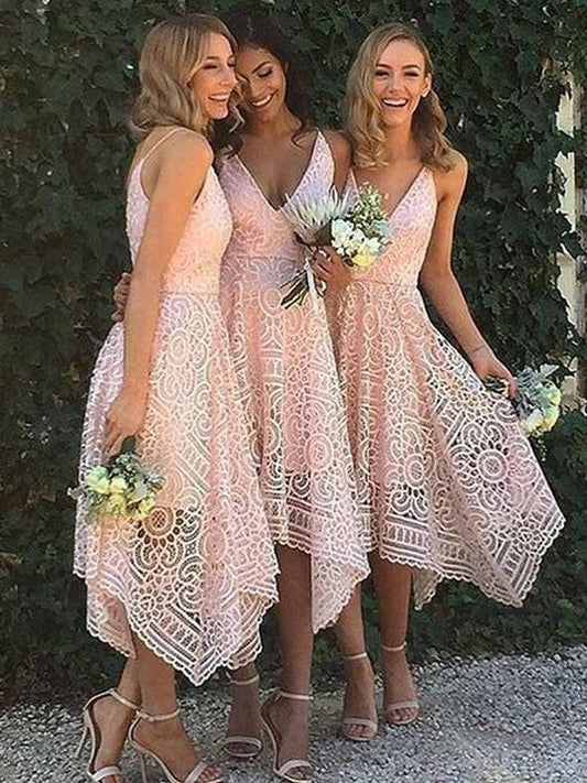 A-Line Lace V-neck Sleeveless Asymmetrical With Layers Bridesmaid Dresses