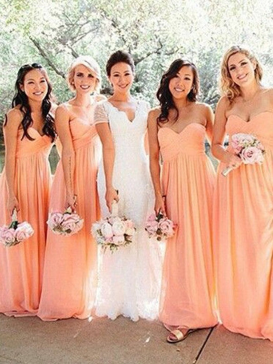 A-Line Chiffon Sweetheart Sleeveless Floor-Length With Ruched Bridesmaid Dresses