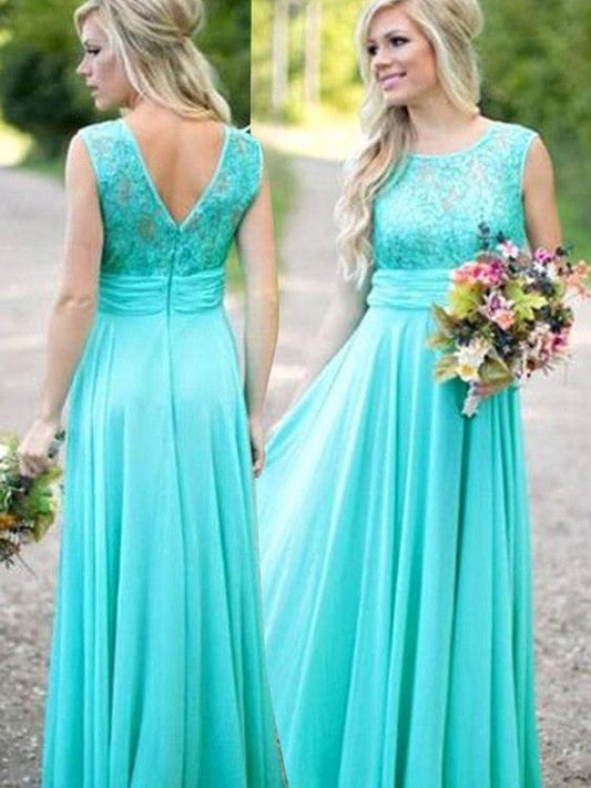 A-Line Chiffon Scoop Sleeveless Floor-Length With Lace Bridesmaid Dresses