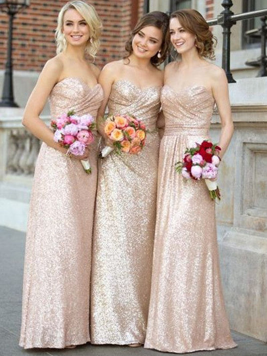 A-Line Sequins Sweetheart Sleeveless Floor-Length With Ruched Bridesmaid Dresses