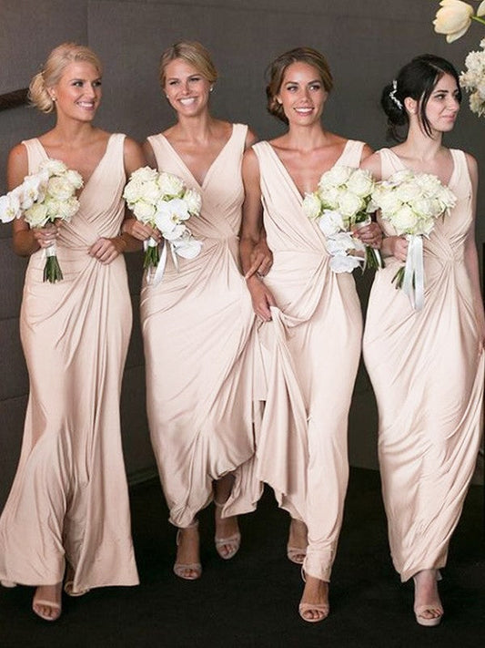 A-Line Jersey V-neck Sleeveless Floor-Length With Ruched Bridesmaid Dresses