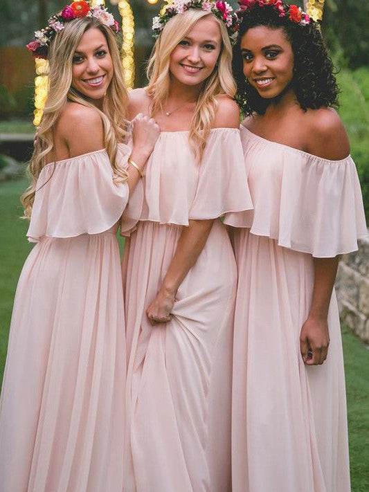 A-Line Chiffon Off-the-Shoulder Sleeveless Floor-Length With Layers Bridesmaid Dresses