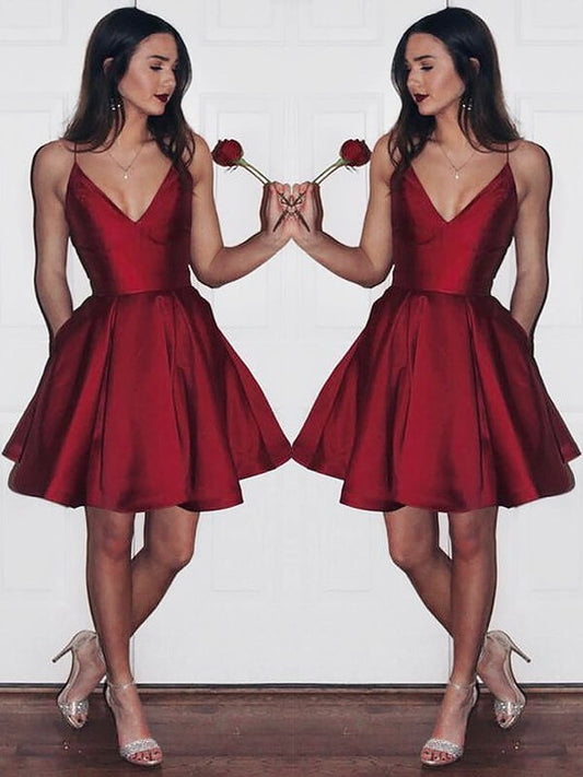 A-Line Satin V-neck Sleeveless Short/Mini With Ruffles Prom Dress