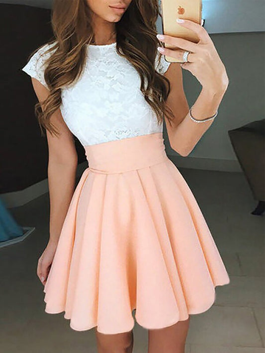 A-Line Chiffon Jewel Sleeveless Short/Mini With Lace Homecoming Dress