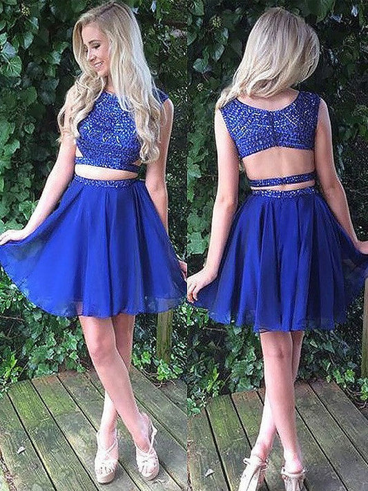 A-Line Chiffon Scoop Sleeveless Short/Mini With Beading Two Piece Homecoming Dress