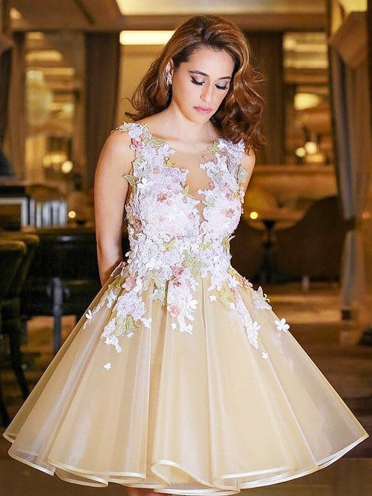 A-Line Organza Scoop Sleeveless Short/Mini With Applique Homecoming Dress
